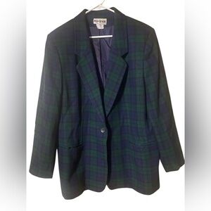 VTG Joan Leslie Wool Blend Plaid Blazer Jacket Womens 20 Black Blue Green Career